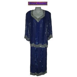 Vintage 80's Royal Feelings Blue Silk Sequin Beaded Outfit Art Deco 20's Gatsby